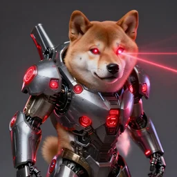 wearing power armor, scifi cyborg electronics, anthropomorphic shiba inu, laser vision, masterpiece, glowing red neon light, by aleksi briclot, realistic face