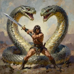 oil painting by frank frazetta, conan fighting against a giant snake, armed with a steel sword, he is alone, mid shot, in the style of frank frazetta