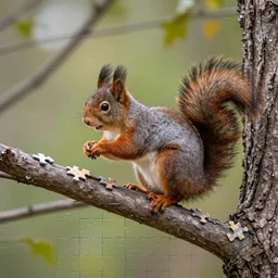 a squirrel is sitting on a tree branch, a jigsaw puzzle by andrey yefimovich martynov, shutterstock contest winner, naturalism, creative commons attribution, deviantart, shallow depth of field
