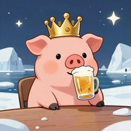 a cartoonish cute anthropomorphic pig wearing a crown drinking a beer sitting at a table in antartica, magical atmosphere, trending on artstation, 30mm, by Noah Bradley trending on ArtStation, deviantart, high detail, stylized portrait