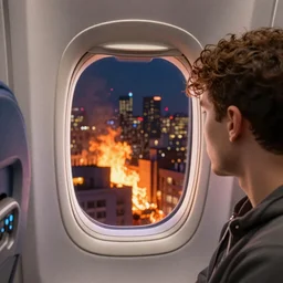 passenger looking city on fire at window in airplane, Umeshu Lovers, Sylvain Sarrailh, unreal engine, trending on artstation