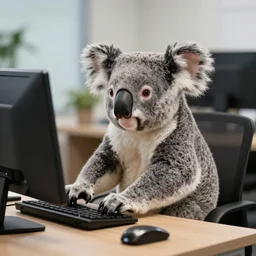 A photo of a koala working in a corporate office, 4K, realistic,