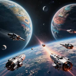 Science fiction space battle, destroyed ships, colorful planets, photorealistic