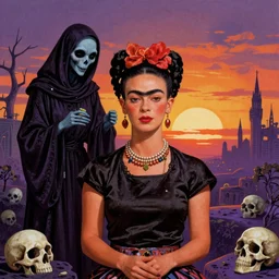 Frida Kahlo as the Grim Reaper visiting an alien world by Dan Mumford, skulls by Josan Gonzalez, sunset by Laurie Greasley, retrowave, vibrant, high contrast