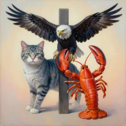 painting of cross between cat & lobster & eagle, intercrossed animal, by arne olav gurvin fredriksen, by tiffany bozic, by zdzislaw beksinski, logical anatomy, cold hue's, warm tone gradient background, concept art, beautiful composition, digital painting,