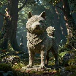 a stone shiba inu statue in a lush forest, skyrim pc screenshot