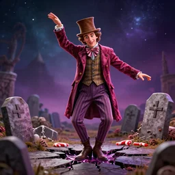 a photorealistic 3d rendering of a willy wonka's candy cane man dancing on the graves of lost souls seeping through the cracks of spacetime, starry sky, bokeh, highly detailed, atmospheric