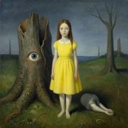a painting of a girl in a yellow dress next to a tree stump with an eye, a surrealist painting by Mark Ryden, featured on cgsociety, pop surrealism, whimsical, storybook illustration, lovecraftian