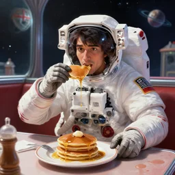 an epic fantasy comic book style portrait painting of an astronaut eating pancakes at a diner in space, awesome pose, character design by mark ryden and pixar and hayao miyazaki, unreal 5, daz, hyperrealistic, octane render, cosplay, rpg portrait, dynamic lighting, intricate detail, summer vibrancy, cinematic