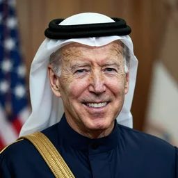 a photo of joe biden as a muslim sheikh from the middle east ~ smiling ~ portrait ~ ektachrome ~ closeup ~ f / 2. 8