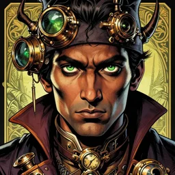 a detailed portrait illustration of a steampunk wizard. stern indian male face, dark skin, piercing green eyes. art nouveau, pop art, comic book style. influenced by neil gaiman, h. p. lovecraft, dan mumford, brian froud, vadim voitekhovitch, killian eng, ross tran, cedric peyravernay.
