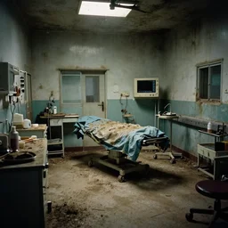 photograph of interior view of a filthy, disused surgical room in a cursed hospital, unsanitary, dirty, contaminated, liminal, 35mm photo. Highly detailed, photographic, realistic, dramatic, cinematic