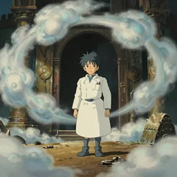 realistic interior shot from howl's moving castle ( 2 0 0 4 ) of a grey scientist and swirling clouds in a flooded ancient desert temple. cartoon, depth of field.