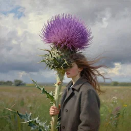 portrait, huge thistle flower head, a girl wearing coat in field, surreal photography, wind, cloudy sky, dramatic light, impressionist painting, digital painting, artstation, simon stalenhag