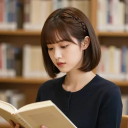portrait photo of an elegant young woman studying in a library, with brown hair in a bob cut with blunt bangs and a french - braid styled headband that matches her hair color. her eyes are red, she wears a black halter vest over a long - sleeve white shirt with a turtleneck. professional photography