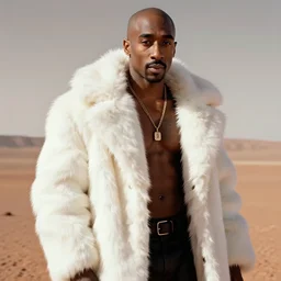 an 8 k futuristic official photograph of tupac shakur posing shirtless on mars wearing a huge white fur coat