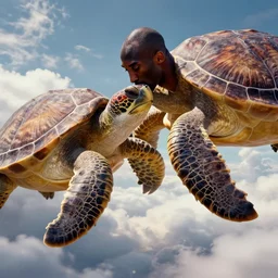 kobe bryant kissing a giant turtle in heaven, hyper realistic, cinematic, side view, digital art, amazing detail, artstatiom, cgsociety, epic art
