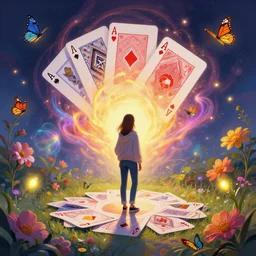 distant full long wide view shot. woman in a hoodie, jean pants, sneakers, playing cards. butterflies, flowers, fireflies, spirits, illusions, digital painting, detailed, colorful aura, 8 k, trending on artstation, smooth, sharp focus artwork by mark arian, artgerm, mark keathley, greg rutkowski