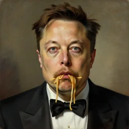 a painting of elon musk with a mustache covered in spaghetti. he has a distraught expression. by leonardo da vinci, by michelangelo, by raphael. trending on artstation