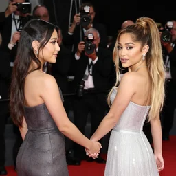 ariana grande holding hands with hwasa. wide lens professional photography. award - winning paparazzi photograph