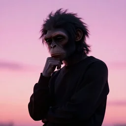 a silhouette photograph of bored ape thinking deeply against the neon pink sky, realistic, ultra detailed