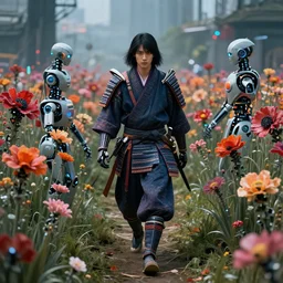 a futuristic cyber punk shogun samurai walking through a field of robot flowers