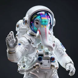 awardwinning photo of a steampunk ganesh in an astronaut suit, the face is covered with multicolored glowing digital displays, wearing a glowing blue and golden metallic aztec helmet with multicolored cables and shiny metallic gears, 3 d render, crisp, 8 k, fluorescent colors, nikon photography