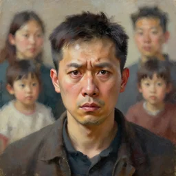 a detailed oil portrait of an overwhelmed father, irritability visible in his eyes, family members are portrayed by blurred flourishes around him