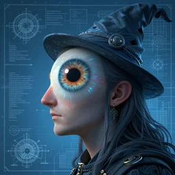 portrait of eyeball head wizard , in the style of Greg Broadmore and Arthur Rackham,trending on artstation, light lighting side view,digital art,surrealism ,macro,blueprint ,vaporwave ,