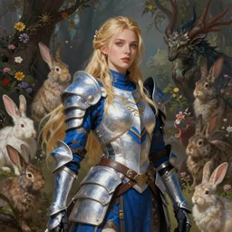young blonde female warrior in heavy blue and white armor, very beautiful and proportional face, surrounded by rabbits and exotic creatures, epic wallpaper, wide shot, high fantasy, flowers and trees, intricate detail, digital painting, artstation, concept art, smooth, sharp focus, illustration, art by monia merlo and wlop and artgerm and craig mullins