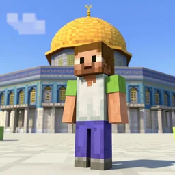 A minecraft character with a Yasser Arafat skin standing in front of the Dome of The Rock in minecraft