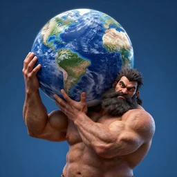a muscular man carrying the Earth on his back, big beard, bold, hyperrealistic, concept art, octane render, unreal engine 5, trending on Artstation, high quality, highly detailed, 8K, soft lighting, anatomically correct, five fingers, blue background, geometric, digital art, trending on DeviantArt, matte painting, fantasy style, dramatic lighting, cinematic, high coherence
