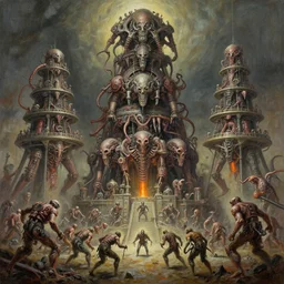 oil paint of 1 1 machines double genetics filthed as flayed gods in tiers, colossal medical gangrene machines in tiers, dethroning / we machines / melee, battle pit, by shigeru komatsuzaki, wayne d barlowe, stefano tamburini, ember light, muted colors, epic, hyper detailed, awe inspiring, award winning horror, narrative lighting, hyper