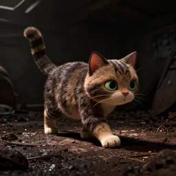 scene of a cat walking in the dark dirty basement, dark lighting, pixar, zootopia