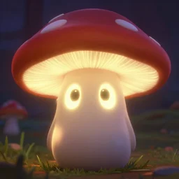 glowing mushroom character with big oval shaped eyes. soft lighting. pixar.