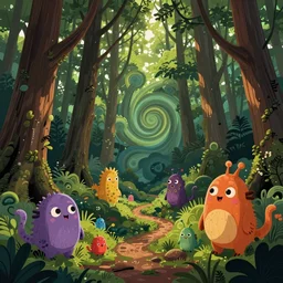 a forest drawn from swirls and spirals, weird but cute creatures , in high vibrant colors, vector art