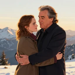 danny devito and emma watson at winter mountaintop, golden hour, digital art, loving embrace, trending on artstation