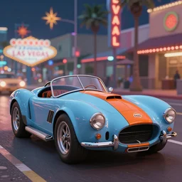 a wholesome animation key shot of!! one!! focused!! ac cobra in blue orange gulf colours!!, in a las vegas street, medium shot, studio ghibli, ( pixar ) and disney animation, sharp, very detailed, high resolution, rendered in unreal engine 5, anime key art by greg rutkowski, bloom, dramatic lighting