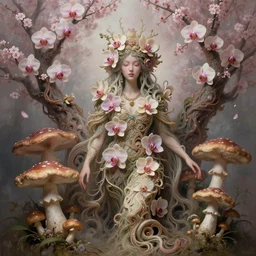 a surreal organic shaman, made of orchids and cherry blossom trees, made of mushrooms, diffuse lighting, fantasy, intricate, highly detailed, photorealistic, digital painting, artstation, beautiful woman, concept art, smooth, sharp focus, by john collier and albert aublet, by amanda sage
