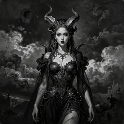 By Tom Bagshaw, ultra realist soft painting of cyberpunk curiosities by night, very beautiful single female gothic fully dressed, horns, symmetry accurate features, very intricate details, ominous sky, black and white, volumetric light clouds
