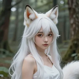 portrait of a cute anime foxgirl in a forest, long white hair, white fox ears, detailed face, trending on artstation, art by Krenz Cushart and Ross Tran and Yuumei