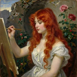 red hair woman painting by dante gabriele rossetti, ruins with plants of roses in the background, beautiful oil painting from 1 8 5 0,