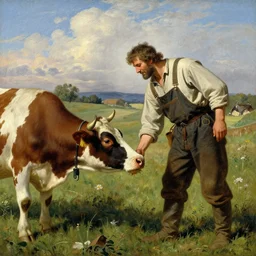 medieval, large farmer man, overalls, feeding a cow, character design, painting by gaston bussiere, craig mullins, j. c. leyendecker, tom of finland