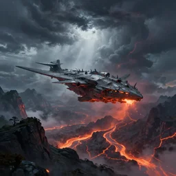 galleon flying over the mountains during a cataclysm with a huge storm and lava rivers, fantasy, concept art, artstation, hd 4 k