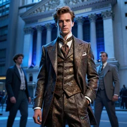 wall street trader wearing intricate vintage suit and clothes fashion by ilya kuvshinov and annav dittmann and studio ghibli and wlop and rossdraws, digital art, blue lighting, trending on artstation, marvel arts, featured on pixiv, blue lighting, hd, 8 k, highly detailed, good lighting, beautiful, epic, masterpiece