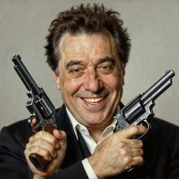 closeup of grinning danny devito holding a revolver, by norman rockwell, Zdzislaw Beksinski, highly detailed, soft lighting, film grain, medium format, 8k resolution, oil on canvas