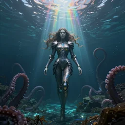 by tom bagshaw, a centered wide shot soft paint render of a curiosity lovecraft underworld depths, single female underwater with full bodysuit armor, water waves, multiples tentacles, symmetry accurate features, ominous depths, elegance, refractions, reflections, focus, rainbow lighting, very high detail, gods ray, octane, artstation