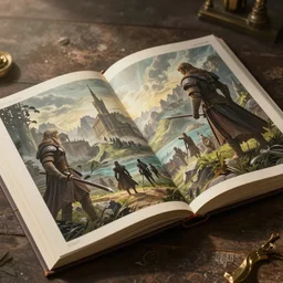 detailed ultra - realistic graphic novel illustration of opened skyrim chronicles book with illustrations by famous digital artists, cinematic, full shot