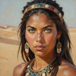 a highly detailed painting of a female amazon warrior with piercing beautiful eyes in desert setting by jeff easley
