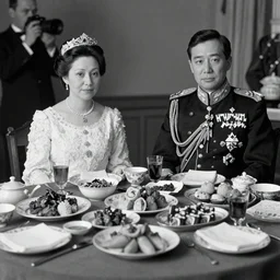 A close up shot, colored black and white Russian and Japanese mix historical fantasy a photograph portrait taken at the empress and emperor's royal wedding breakfast, a collection of food and drinks was served, mixing traditional Japanese choices with some Russian influences, professional corporate portrait, warm lighting, 1907 photo from the official wedding photographer for the royal wedding.